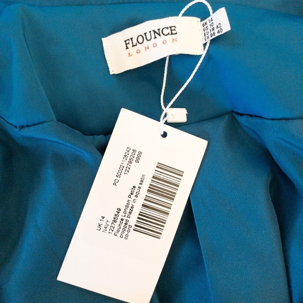 Flounce London Petite Cropped Aqua Satin Blazer Jacket Size UK14 US10 EU42 - Picture 4 of 5